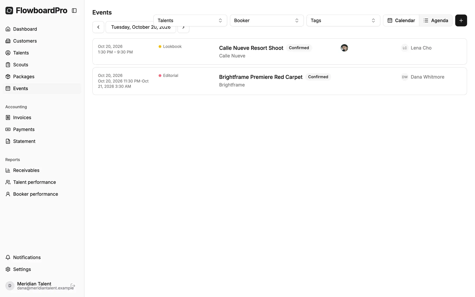 FlowboardPro daily agenda listing the day's bookings, talent and clients