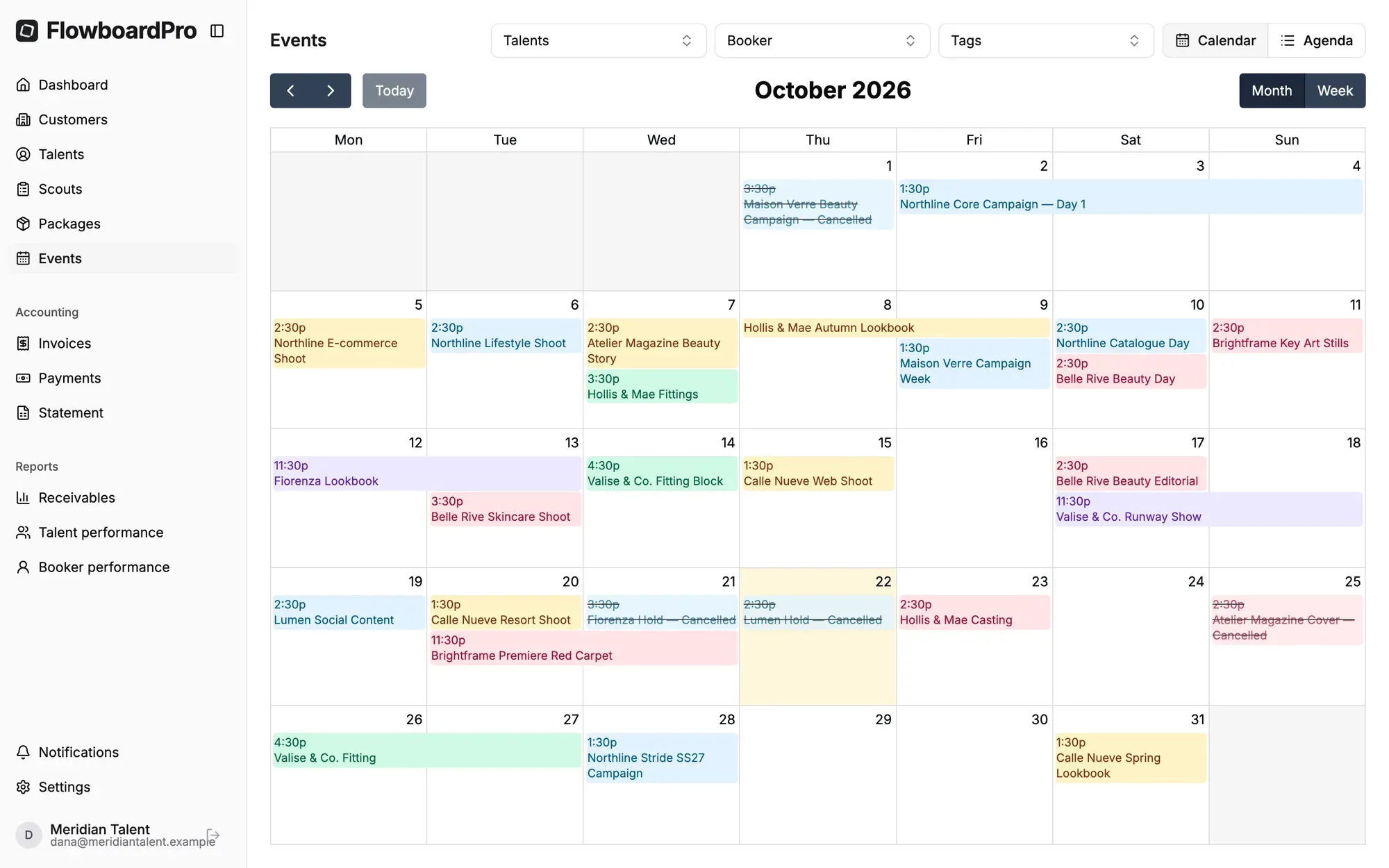 FlowboardPro month calendar with colour-coded bookings