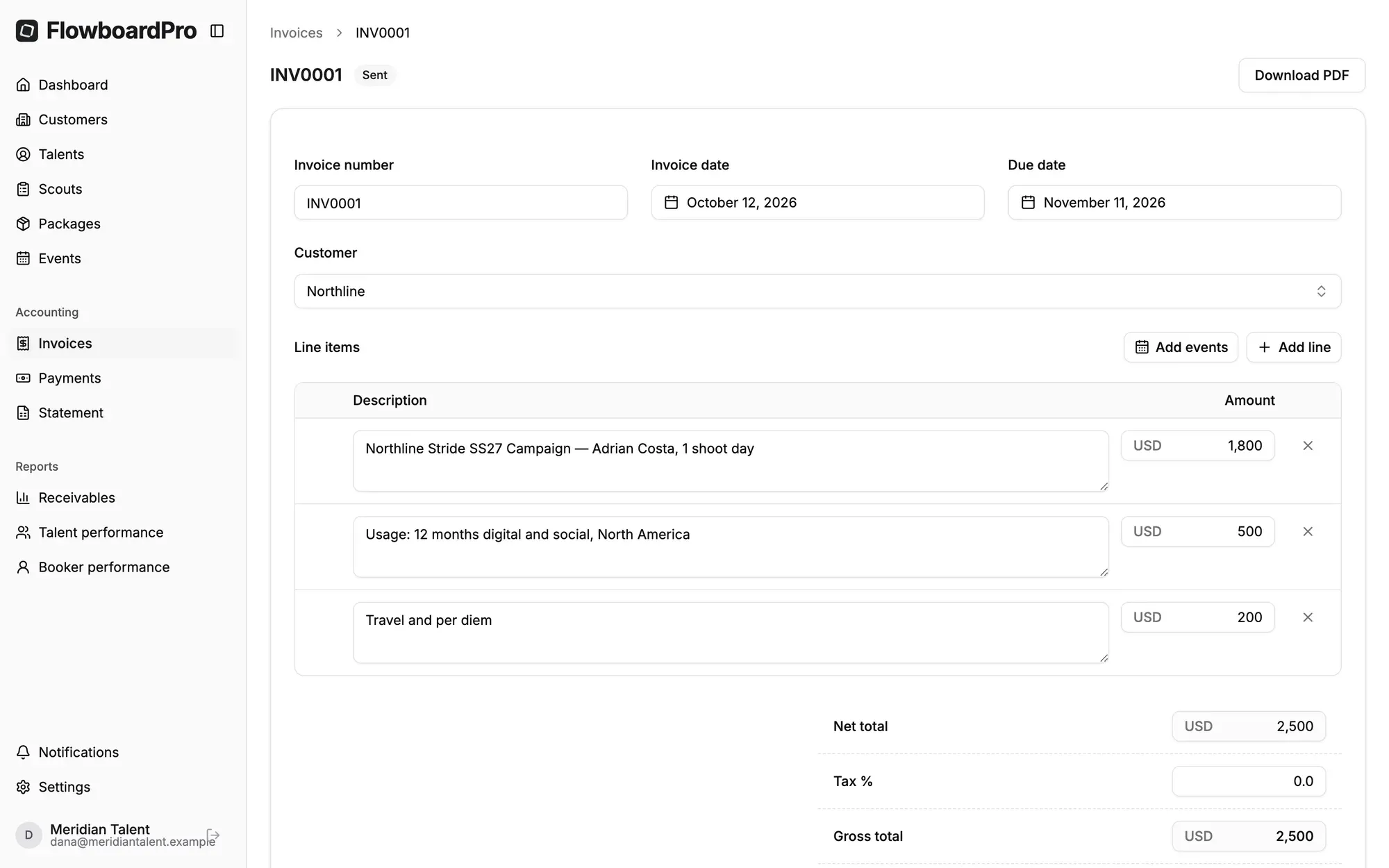 A FlowboardPro invoice with booking line items, usage and travel