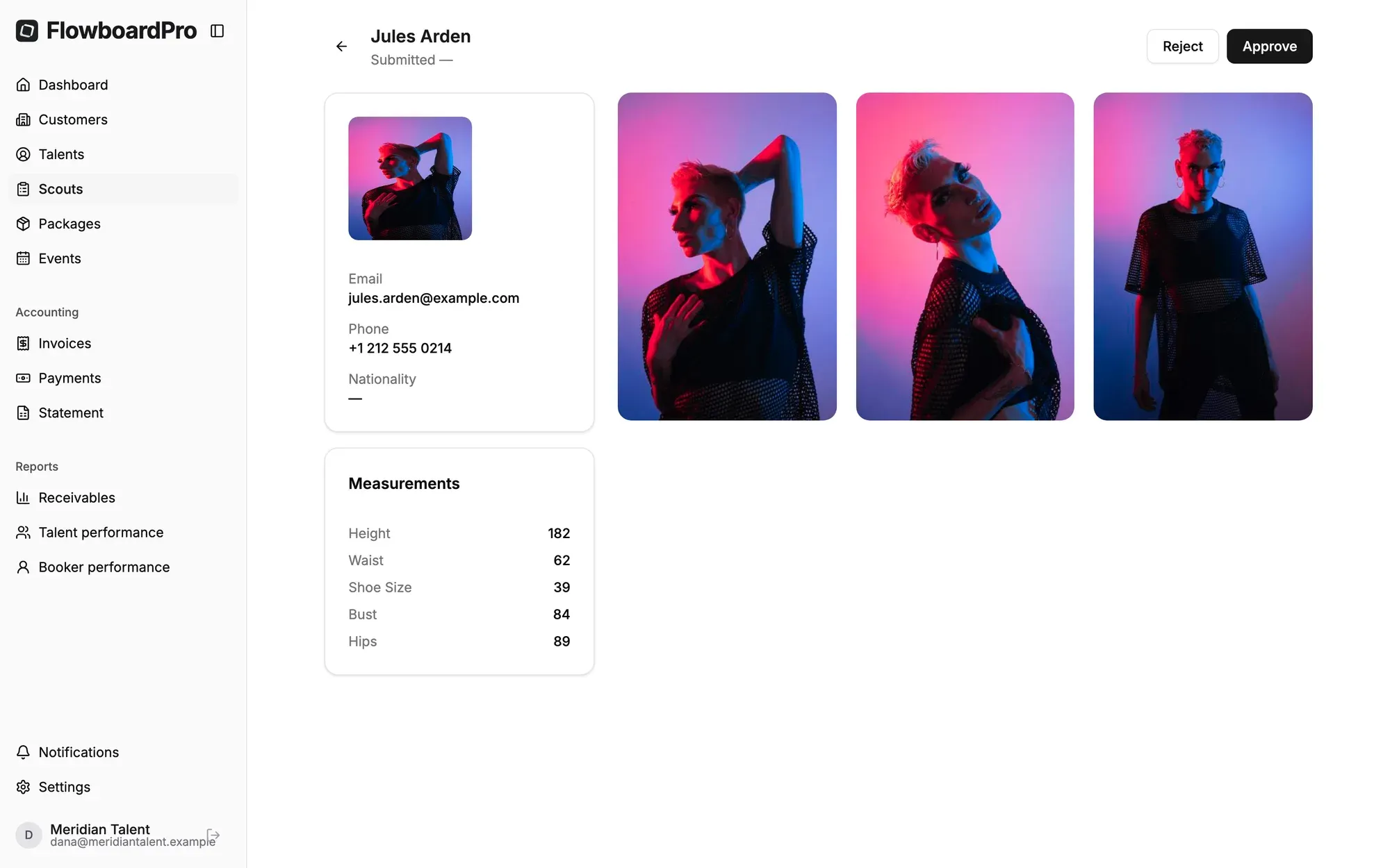 Reviewing a scouting applicant in FlowboardPro with their photos and measurements