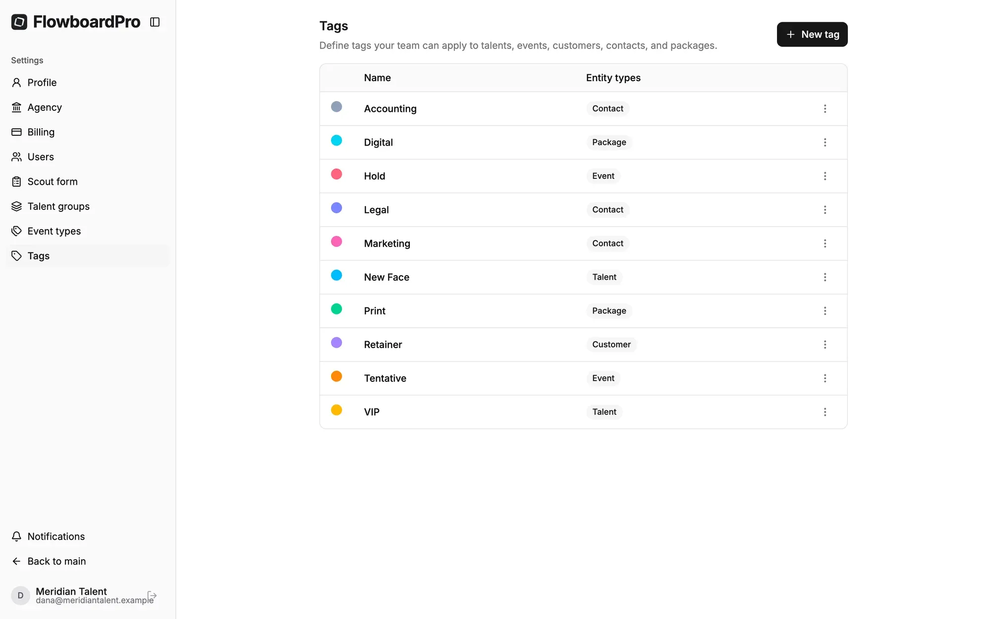 FlowboardPro tag settings with colour-coded tags and the records each applies to