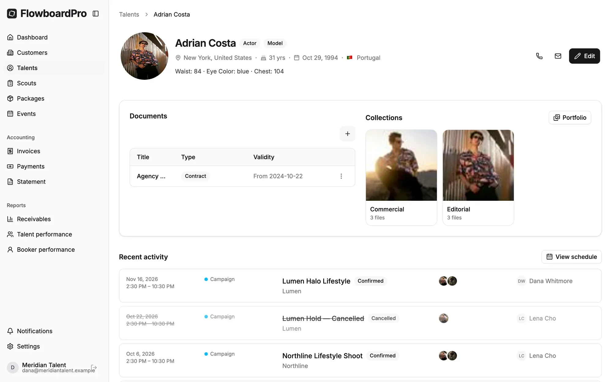 A talent profile in FlowboardPro with portfolio, measurements and recent bookings